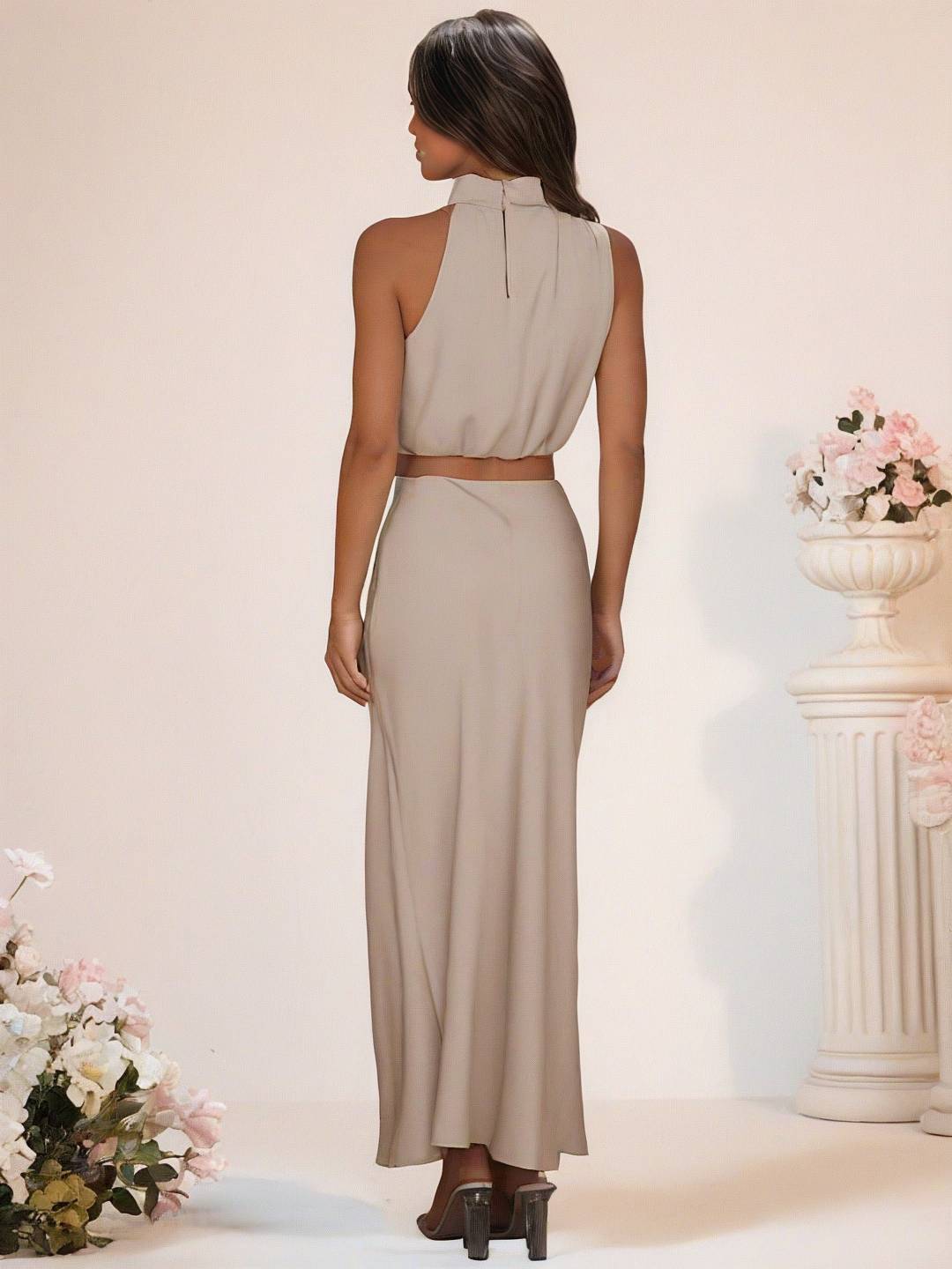 Levoire | Robe De Demoiselle D'Honneur Satin Col Roulé Sans Manches Cropped Jupe Longue Femme Élégante Robe De Témoin