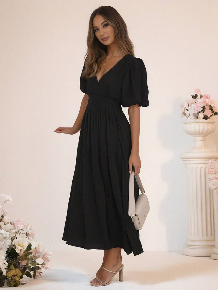 Levoire | Robe Boho Longue À Décolleté En V Avec Manches Bouffantes À Volants Courtes Manches Élégant Casual Plage Anniversaire