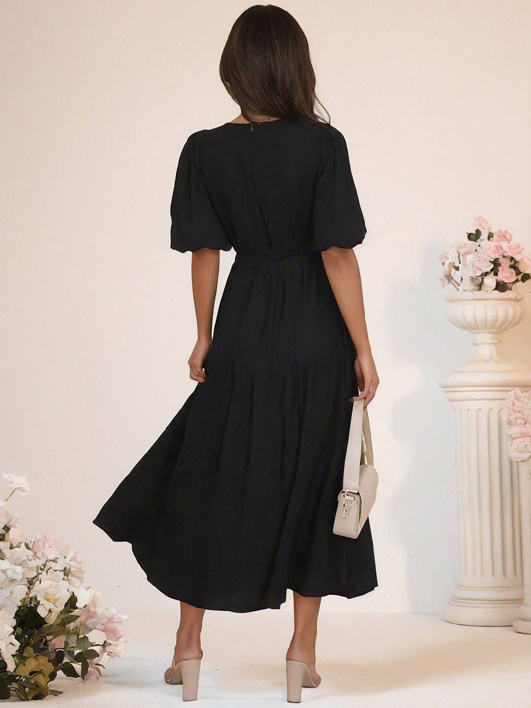 Levoire | Robe Boho Longue À Décolleté En V Avec Manches Bouffantes À Volants Courtes Manches Élégant Casual Plage Anniversaire