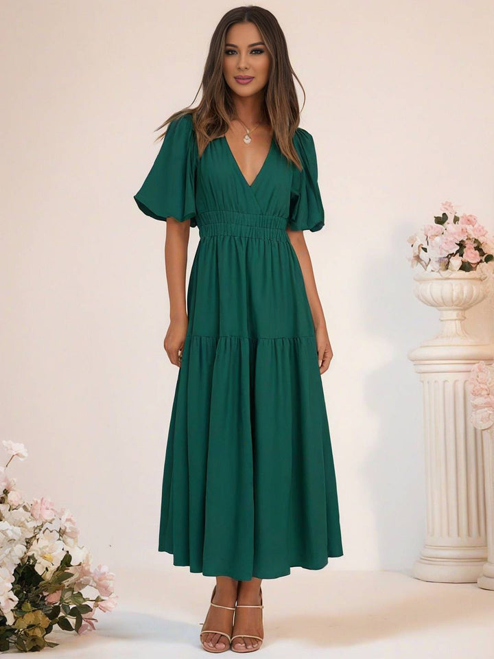 Levoire | Robe Boho Longue À Décolleté En V Avec Manches Bouffantes À Volants Courtes Manches Élégant Casual Plage Anniversaire