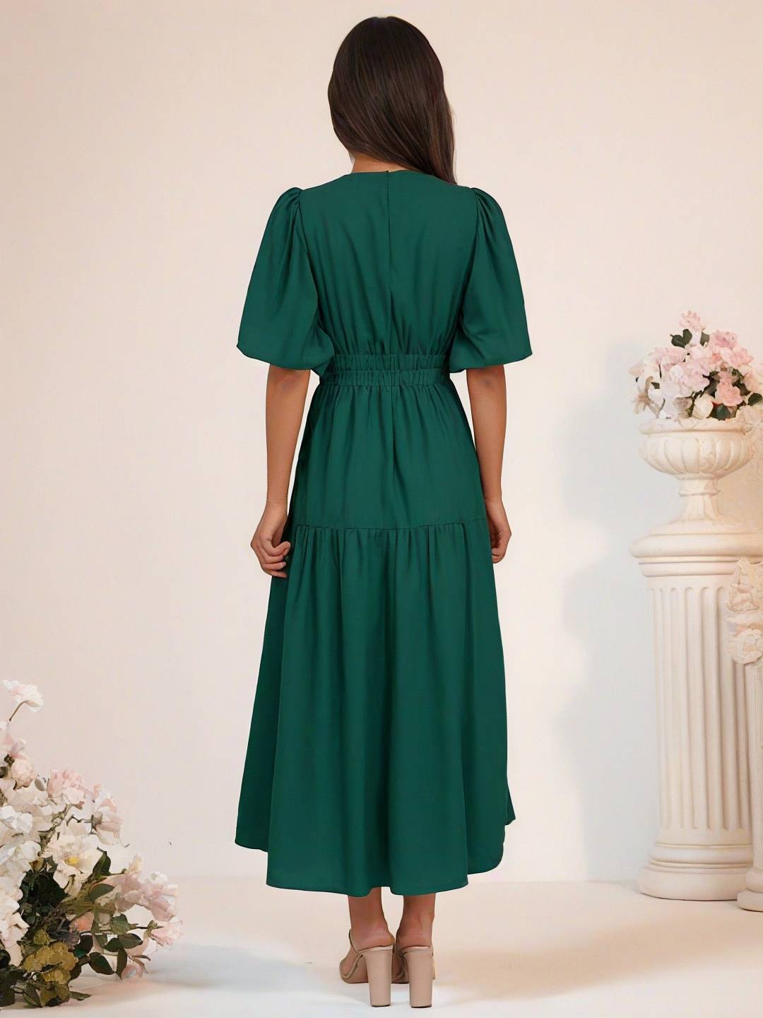 Levoire | Robe Boho Longue À Décolleté En V Avec Manches Bouffantes À Volants Courtes Manches Élégant Casual Plage Anniversaire