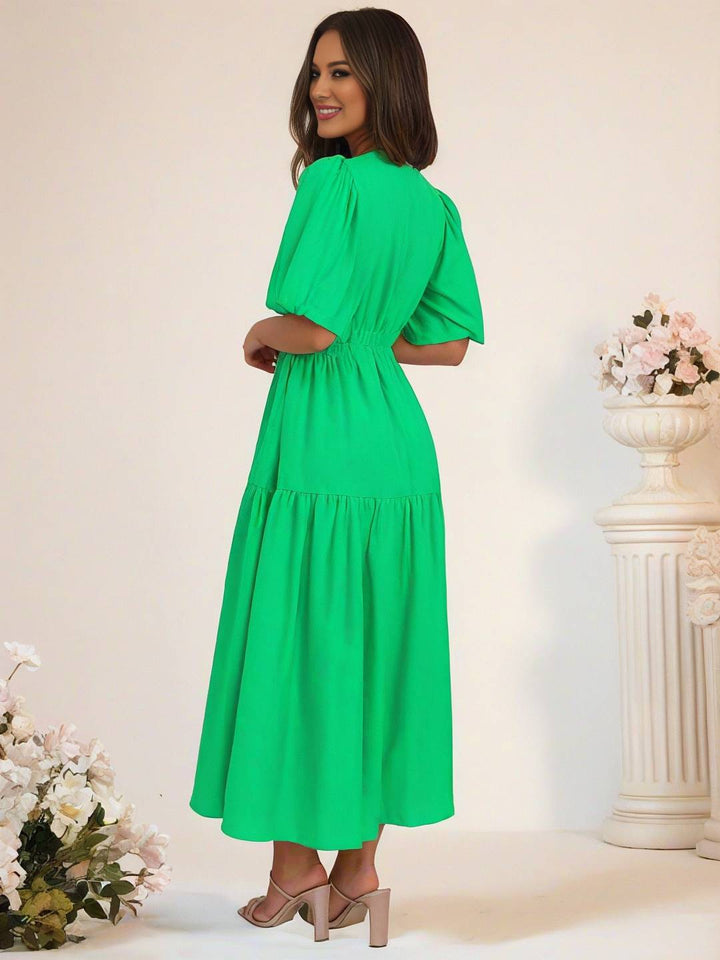 Levoire | Robe Boho Longue À Décolleté En V Avec Manches Bouffantes À Volants Courtes Manches Élégant Casual Plage Anniversaire