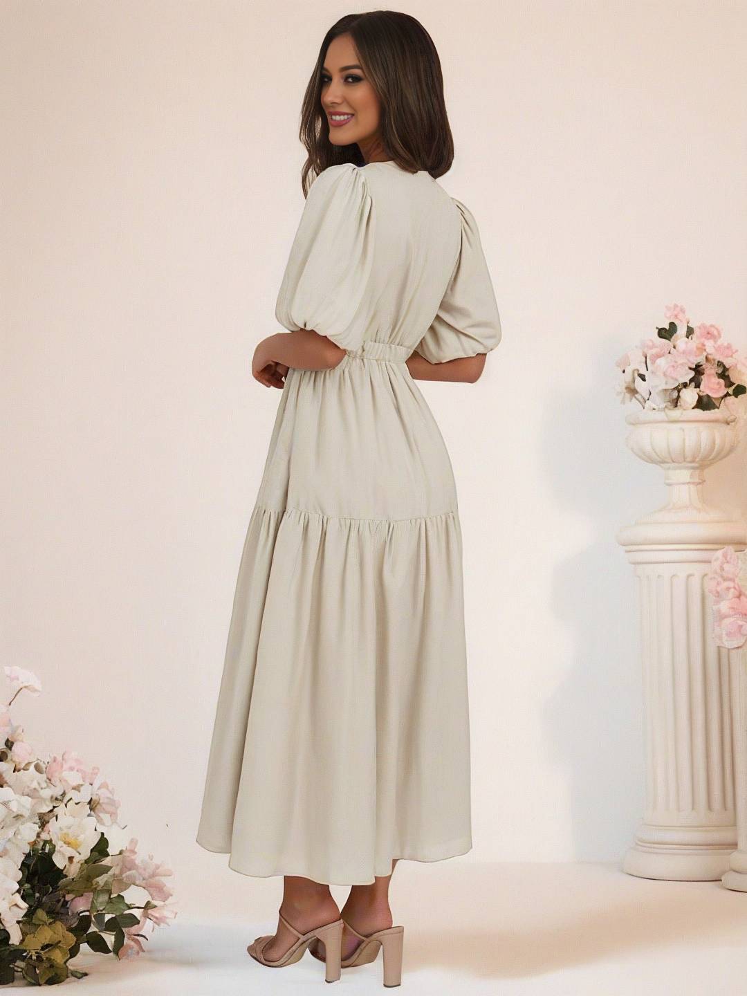 Levoire | Robe Boho Longue À Décolleté En V Avec Manches Bouffantes À Volants Courtes Manches Élégant Casual Plage Anniversaire