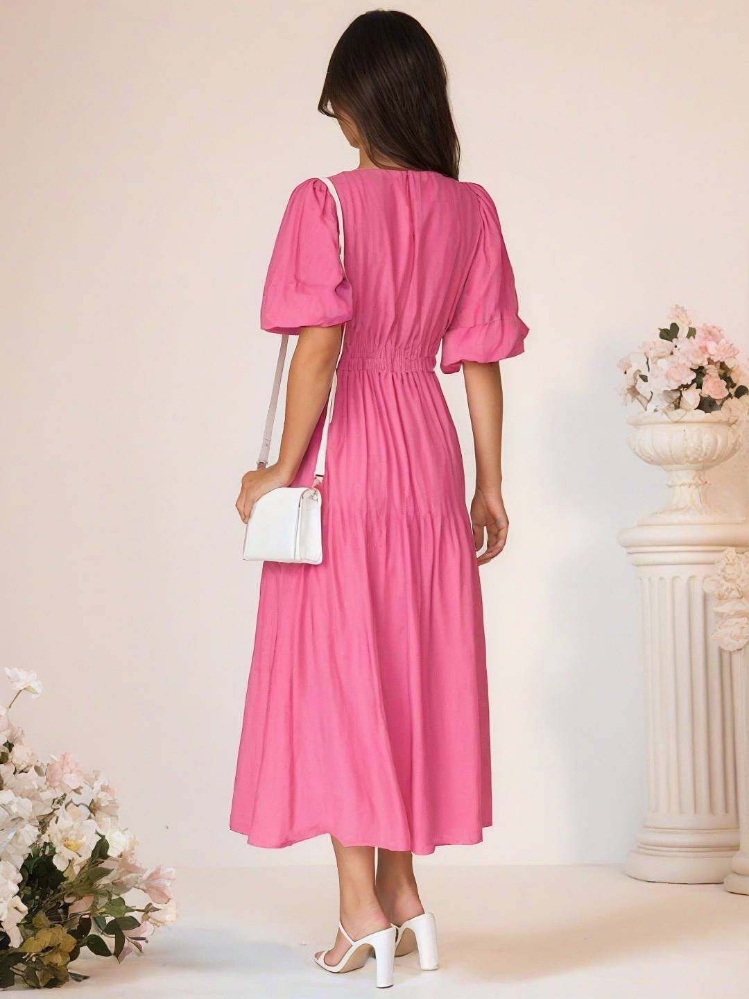 Levoire | Robe Boho Longue À Décolleté En V Avec Manches Bouffantes À Volants Courtes Manches Élégant Casual Plage Anniversaire