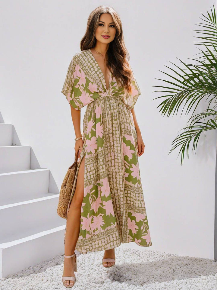 Levoire | Robe Bohémienne Longue À Motif Floral Décolleté En V Fente Manches Jusqu'Au Coude Femme Boho Décontractée Large Robe De Plage Hawaïenne Vert