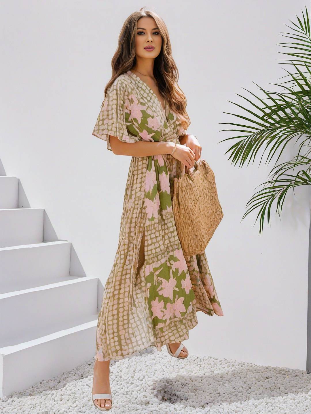 Levoire | Robe Bohémienne Longue À Motif Floral Décolleté En V Fente Manches Jusqu'Au Coude Femme Boho Décontractée Large Robe De Plage Hawaïenne
