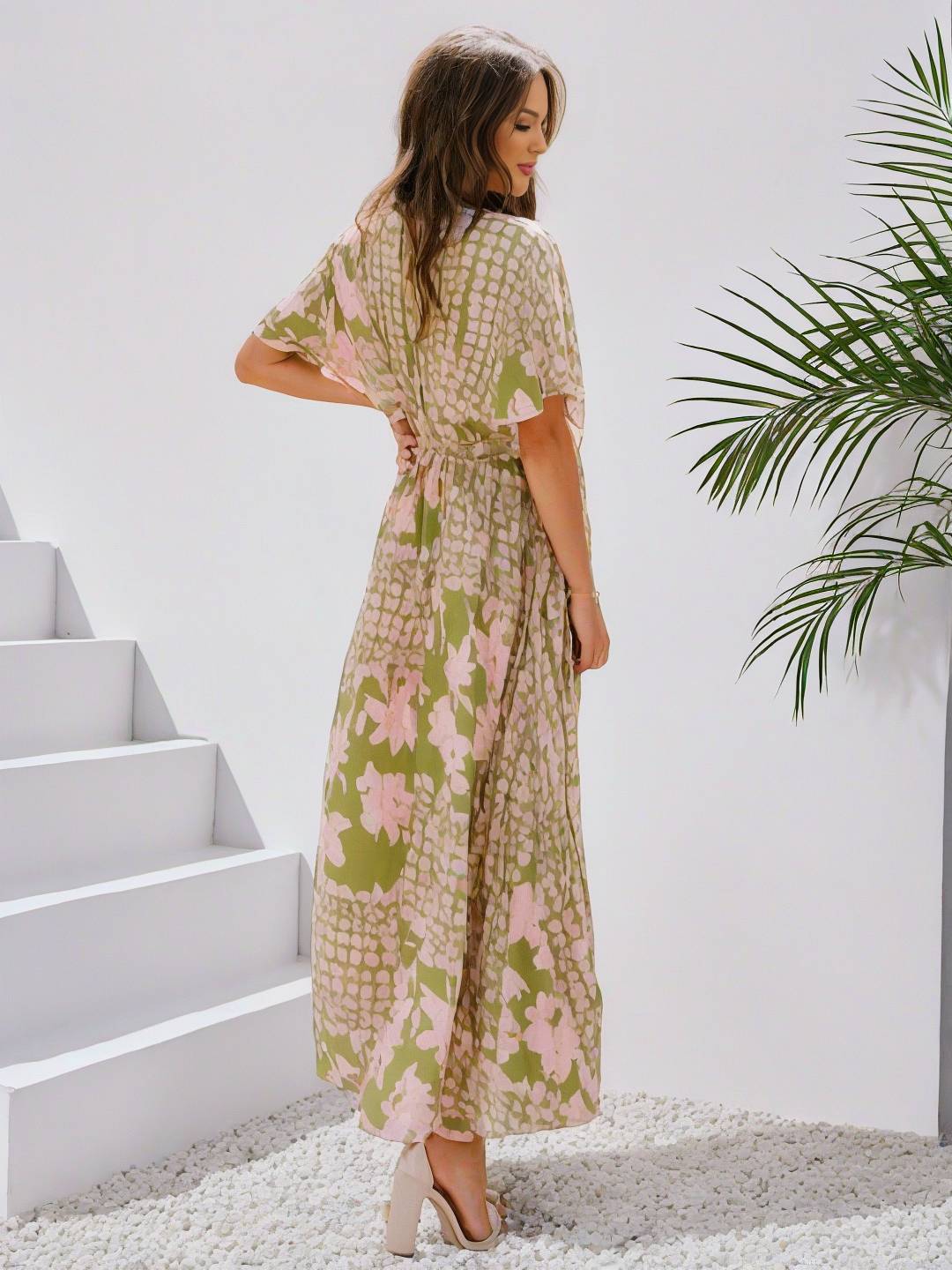 Levoire | Robe Bohémienne Longue À Motif Floral Décolleté En V Fente Manches Jusqu'Au Coude Femme Boho Décontractée Large Robe De Plage Hawaïenne