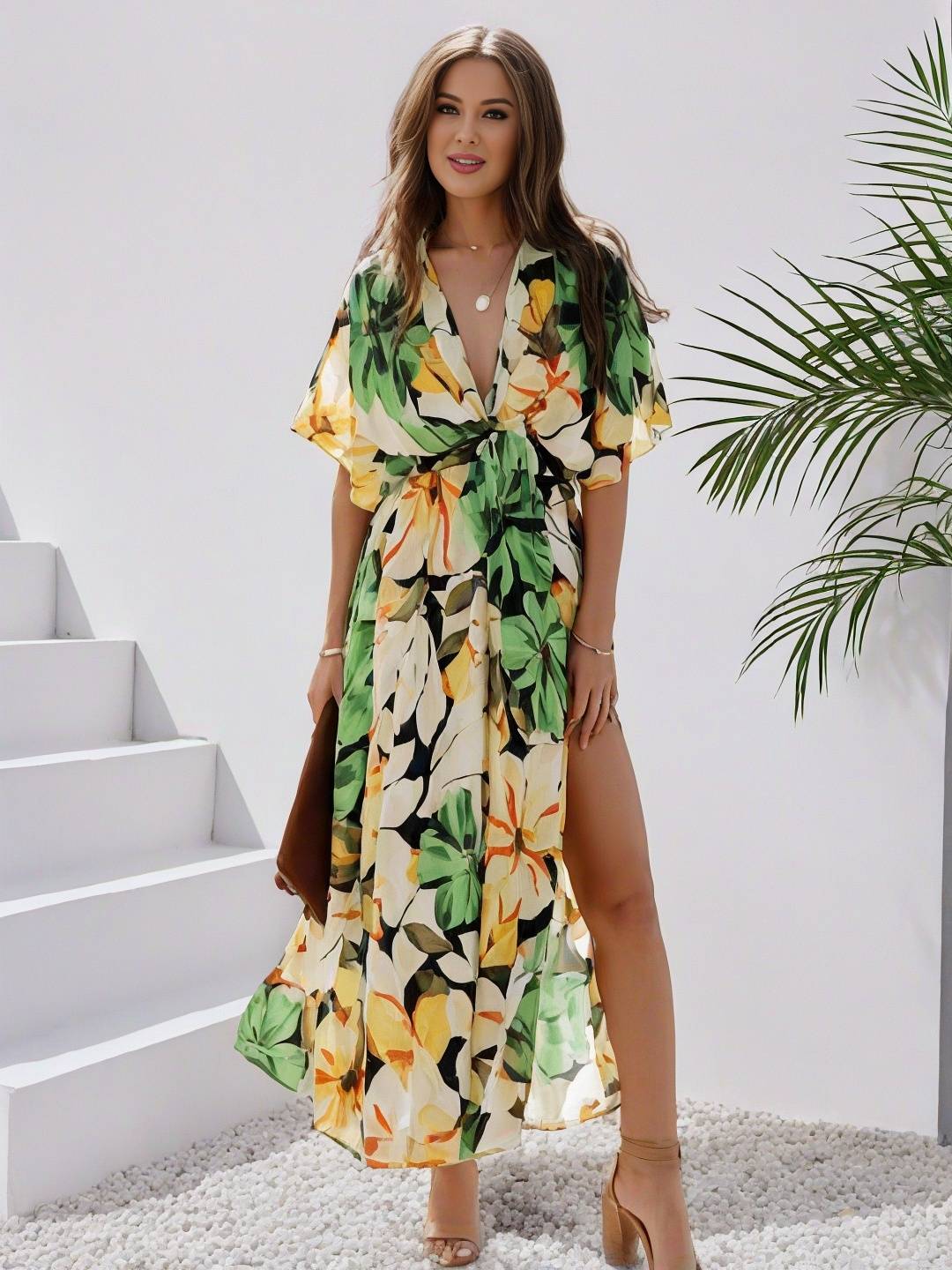 Levoire | Robe Bohémienne Longue À Motif Floral Décolleté En V Fente Manches Jusqu'Au Coude Femme Boho Décontractée Large Robe De Plage Hawaïenne Jaune
