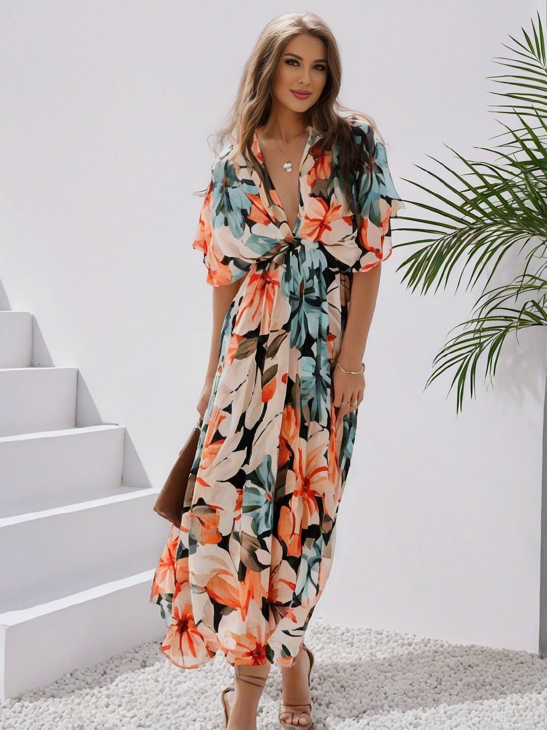 Levoire | Robe Bohémienne Longue À Motif Floral Décolleté En V Fente Manches Jusqu'Au Coude Femme Boho Décontractée Large Robe De Plage Hawaïenne