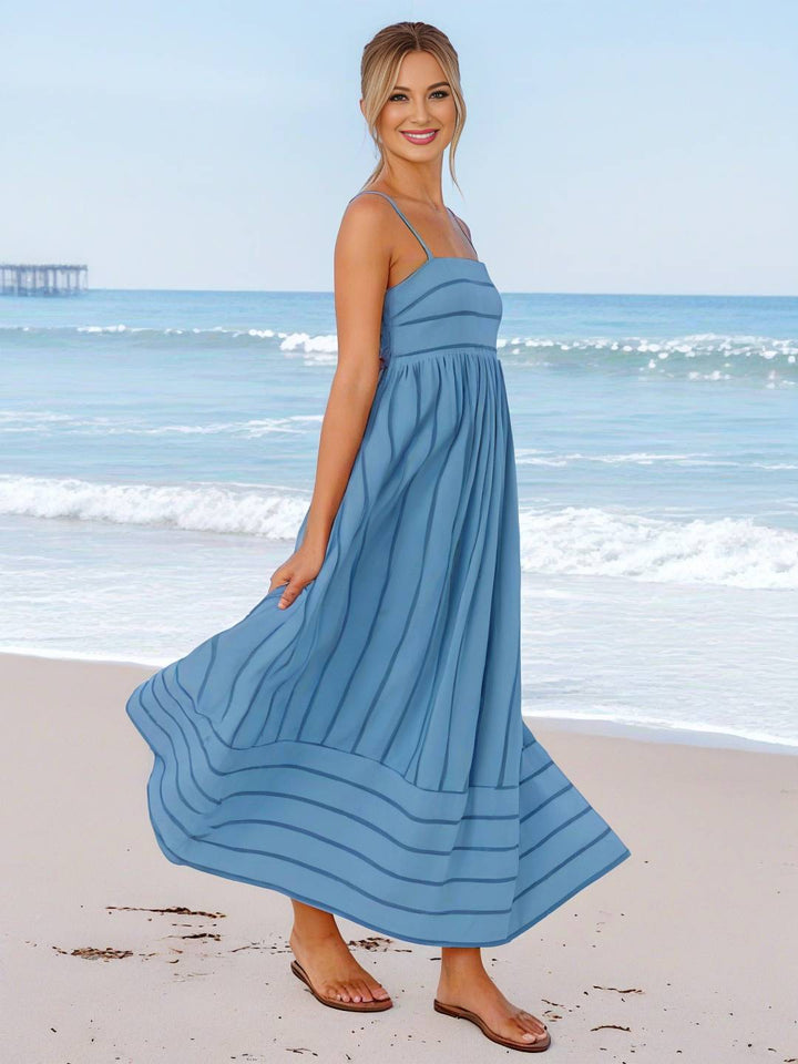Levoire | Robe Longue Rayée Avec Fines Bretelles Fluide Dos Nu Sans Manches Décontractée Douce Ample Détendue Robe De Plage Pour Femmes