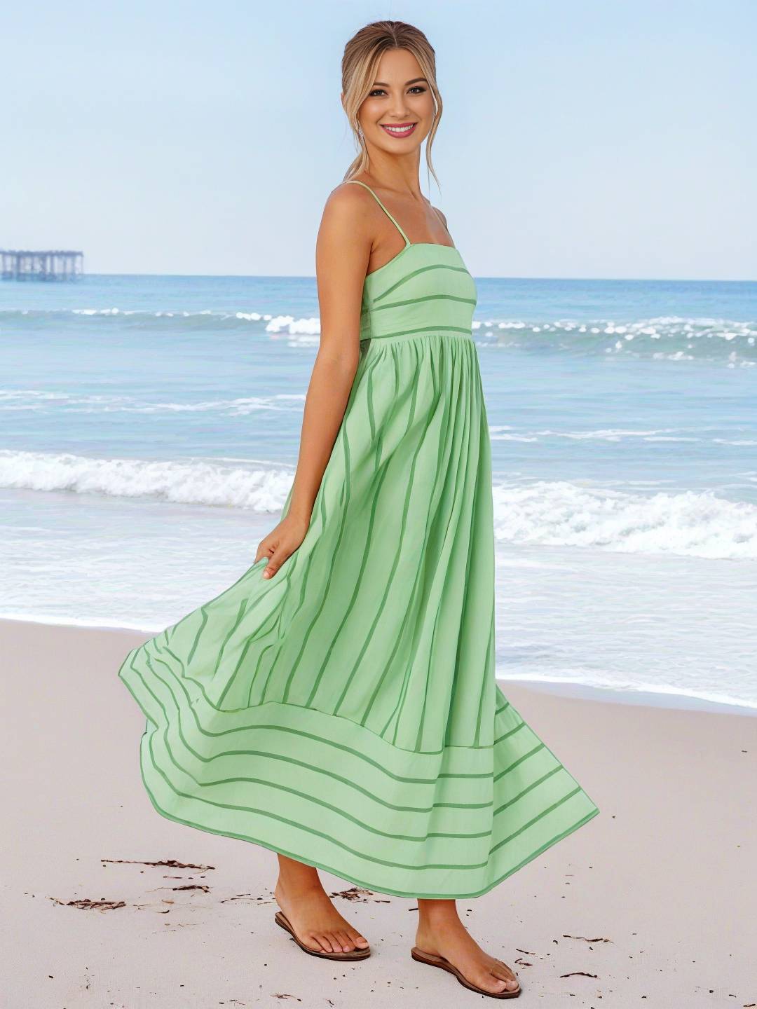 Levoire | Robe Longue Rayée Avec Fines Bretelles Fluide Dos Nu Sans Manches Décontractée Douce Ample Détendue Robe De Plage Pour Femmes