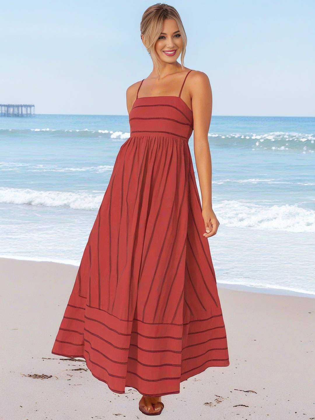Levoire | Robe Longue Rayée Avec Fines Bretelles Fluide Dos Nu Sans Manches Décontractée Douce Ample Détendue Robe De Plage Pour Femmes Rot