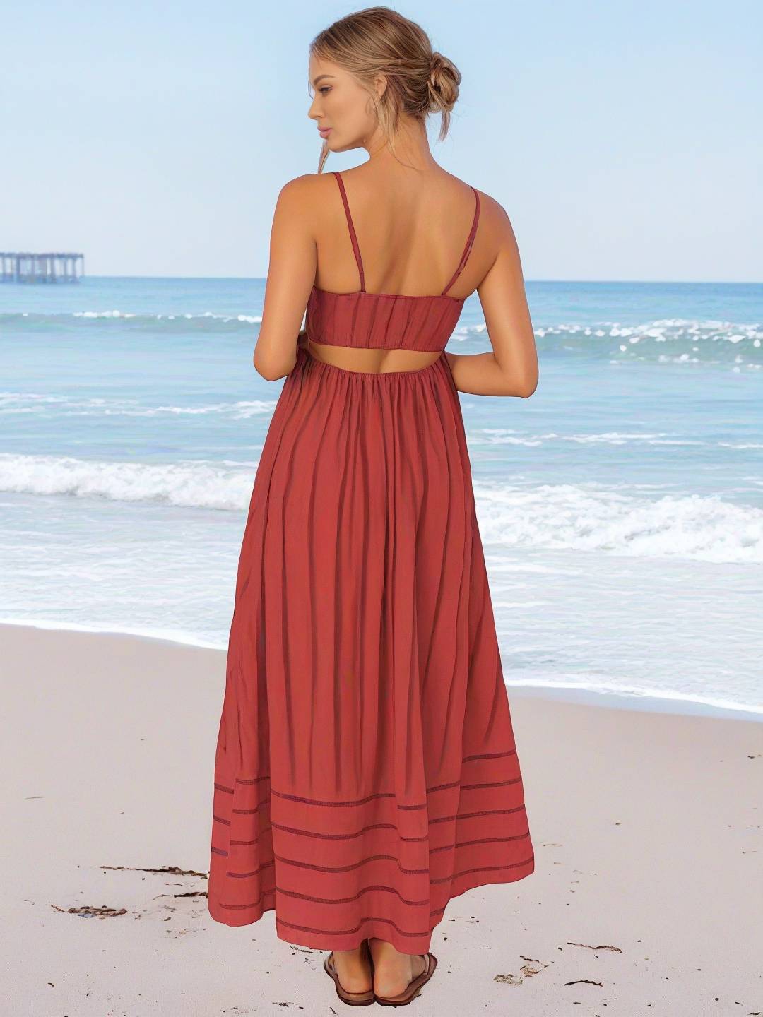 Levoire | Robe Longue Rayée Avec Fines Bretelles Fluide Dos Nu Sans Manches Décontractée Douce Ample Détendue Robe De Plage Pour Femmes