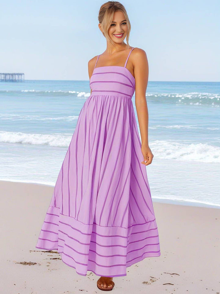 Levoire | Robe Longue Rayée Avec Fines Bretelles Fluide Dos Nu Sans Manches Décontractée Douce Ample Détendue Robe De Plage Pour Femmes Violet