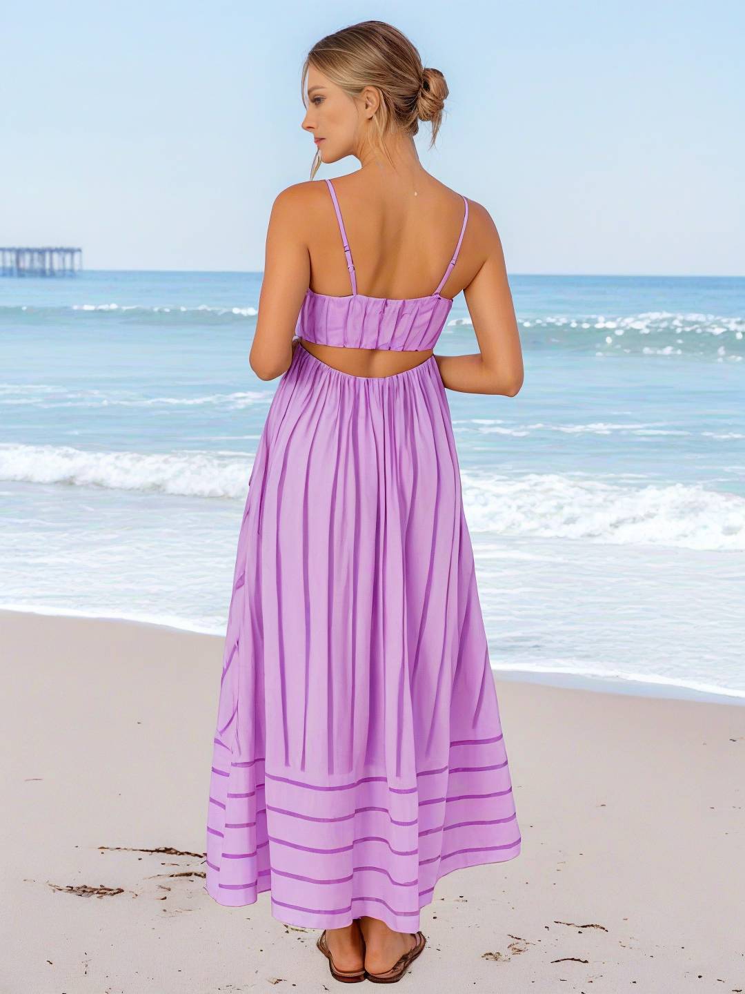 Levoire | Robe Longue Rayée Avec Fines Bretelles Fluide Dos Nu Sans Manches Décontractée Douce Ample Détendue Robe De Plage Pour Femmes