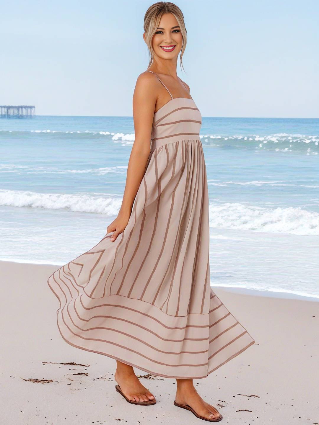 Levoire | Robe Longue Rayée Avec Fines Bretelles Fluide Dos Nu Sans Manches Décontractée Douce Ample Détendue Robe De Plage Pour Femmes