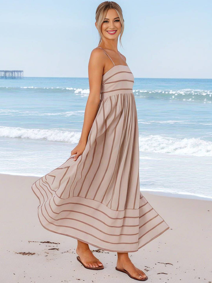 Levoire | Robe Longue Rayée Avec Fines Bretelles Fluide Dos Nu Sans Manches Décontractée Douce Ample Détendue Robe De Plage Pour Femmes