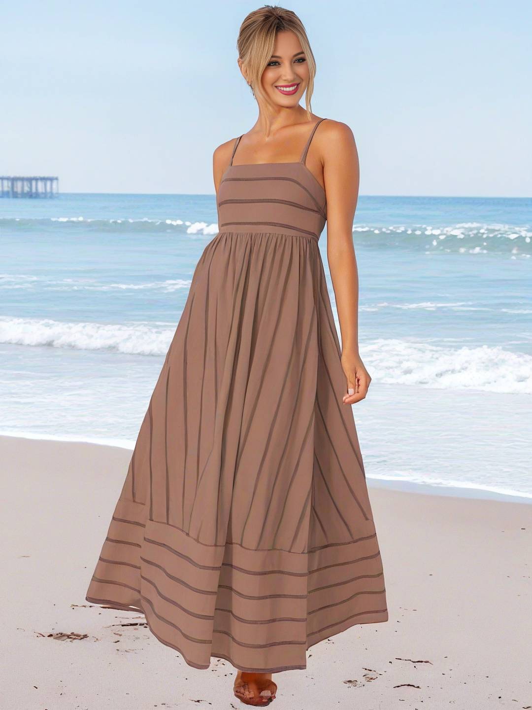 Levoire | Robe Longue Rayée Avec Fines Bretelles Fluide Dos Nu Sans Manches Décontractée Douce Ample Détendue Robe De Plage Pour Femmes Café