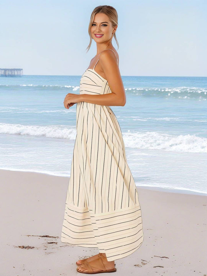 Levoire | Robe Longue Rayée Avec Fines Bretelles Fluide Dos Nu Sans Manches Décontractée Douce Ample Détendue Robe De Plage Pour Femmes