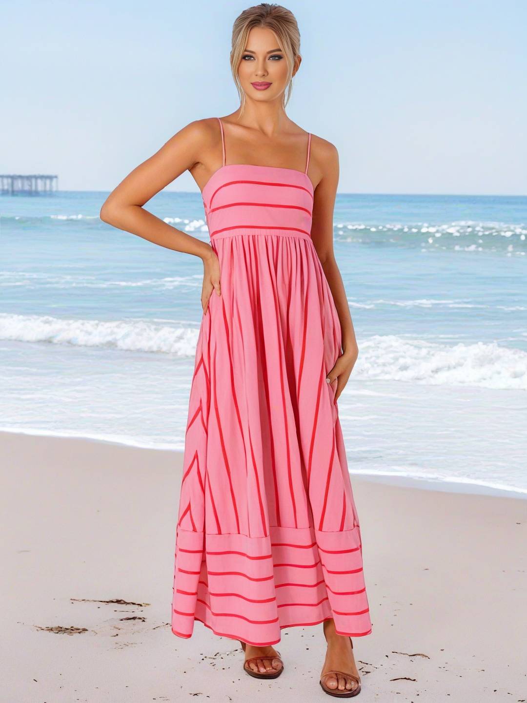 Levoire | Robe Longue Rayée Avec Fines Bretelles Fluide Dos Nu Sans Manches Décontractée Douce Ample Détendue Robe De Plage Pour Femmes