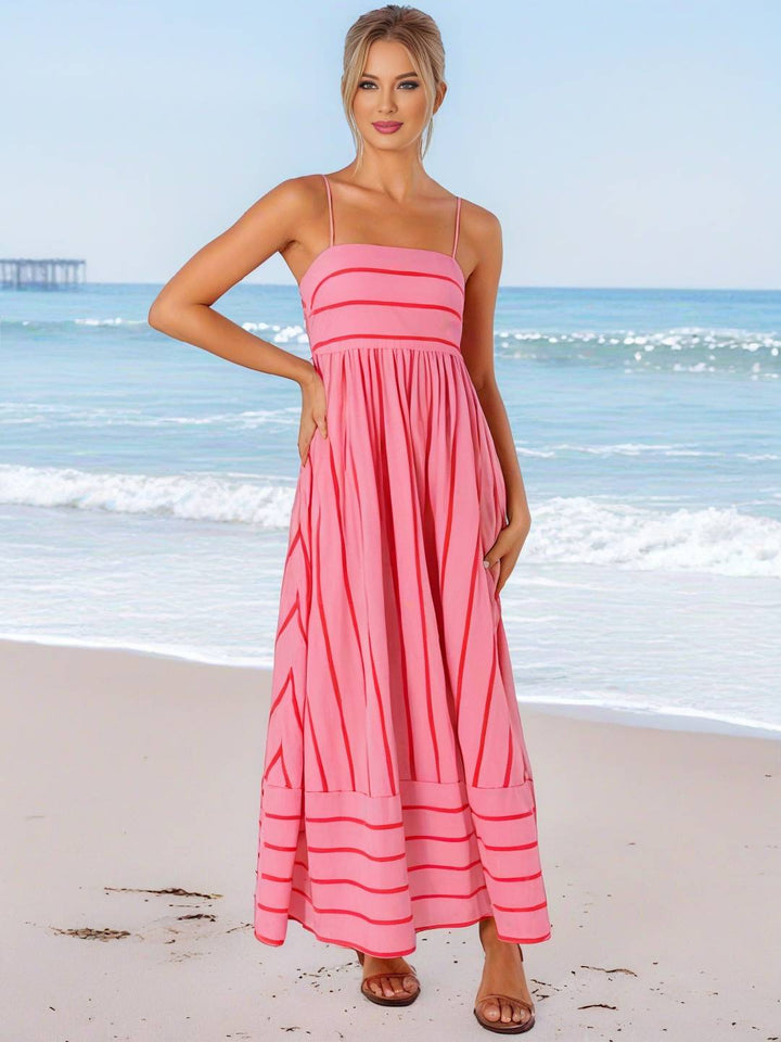 Levoire | Robe Longue Rayée Avec Fines Bretelles Fluide Dos Nu Sans Manches Décontractée Douce Ample Détendue Robe De Plage Pour Femmes