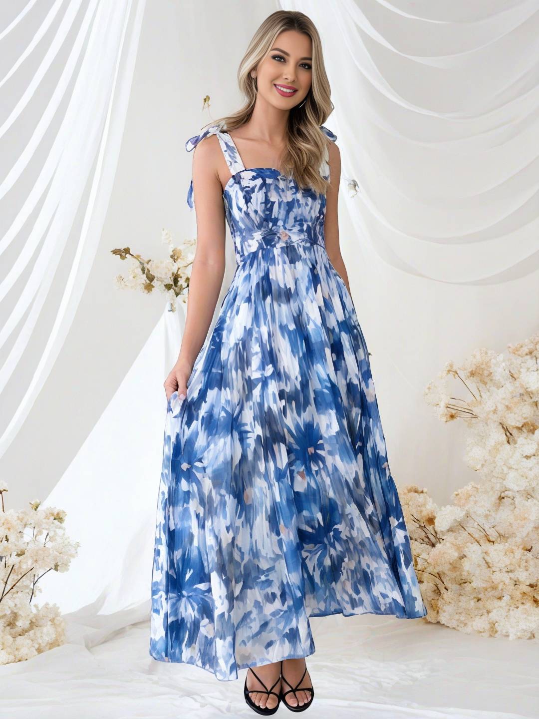 Levoire | Robe Bohémienne Longue Imprimé Floral Fluide Volant Avec Bretelles Fines Décontractée Douce Décontractée Robe De Plage Pour Femmes
