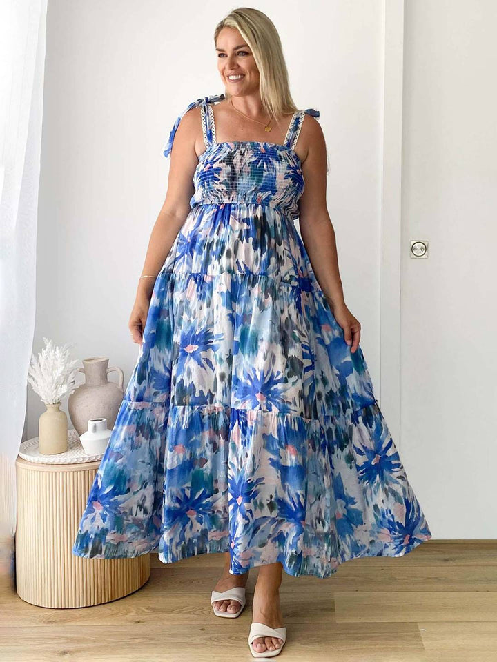 Levoire | Robe Bohémienne Longue Imprimé Floral Fluide Volant Avec Bretelles Fines Décontractée Douce Décontractée Robe De Plage Pour Femmes