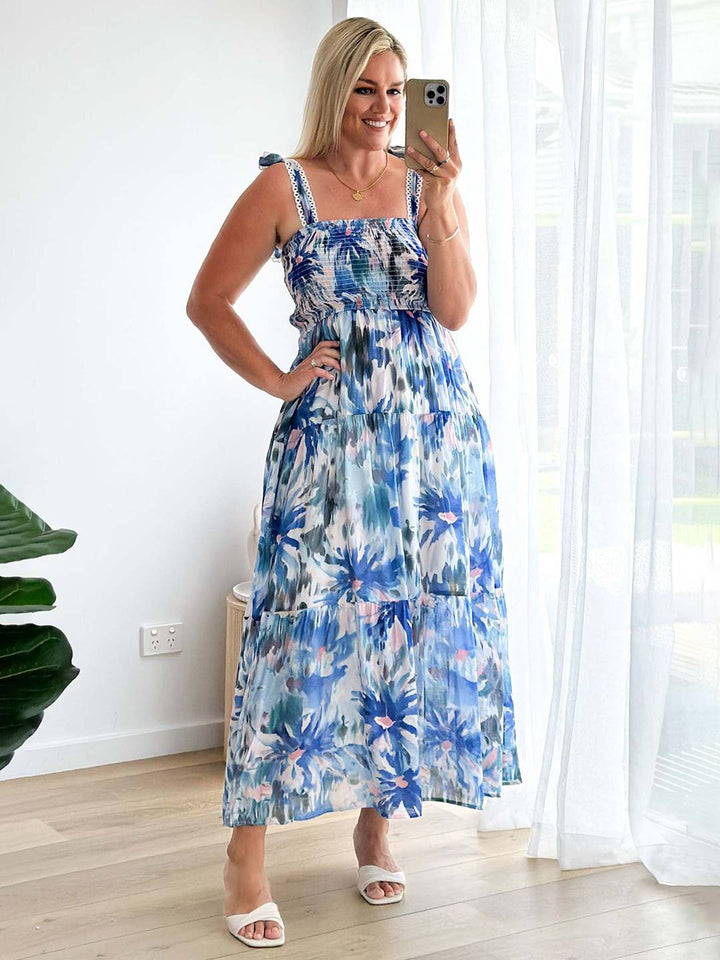 Levoire | Robe Bohémienne Longue Imprimé Floral Fluide Volant Avec Bretelles Fines Décontractée Douce Décontractée Robe De Plage Pour Femmes