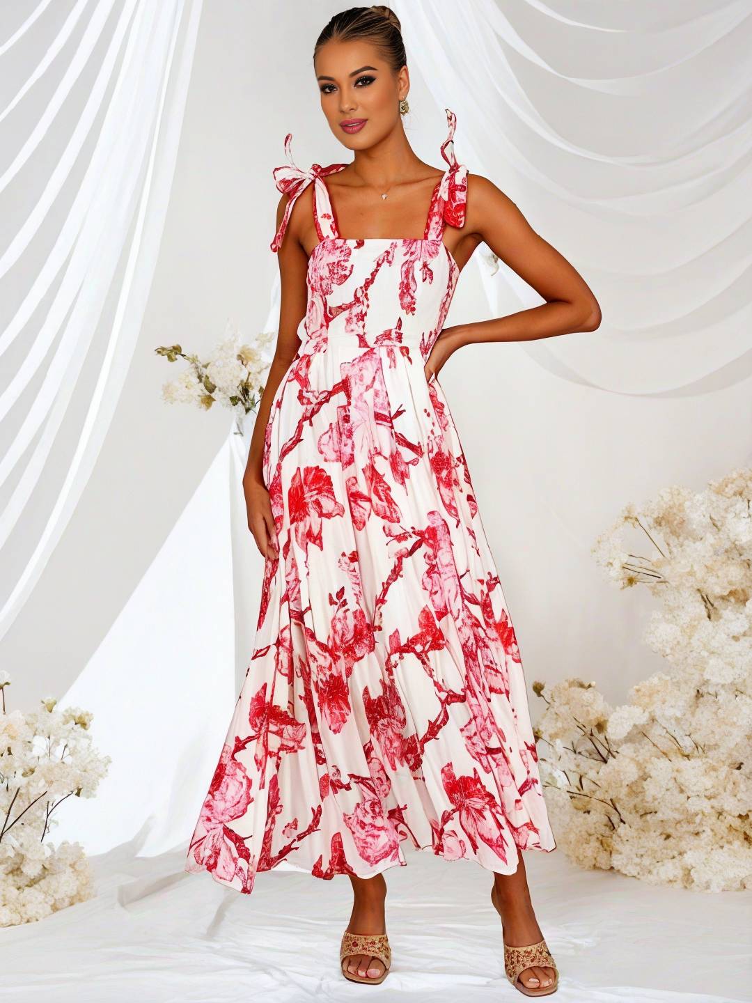 Levoire | Robe Bohémienne Longue Imprimé Floral Fluide Volant Avec Bretelles Fines Décontractée Douce Décontractée Robe De Plage Pour Femmes Rot