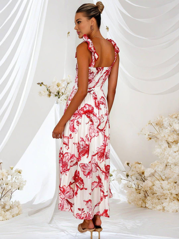 Levoire | Robe Bohémienne Longue Imprimé Floral Fluide Volant Avec Bretelles Fines Décontractée Douce Décontractée Robe De Plage Pour Femmes