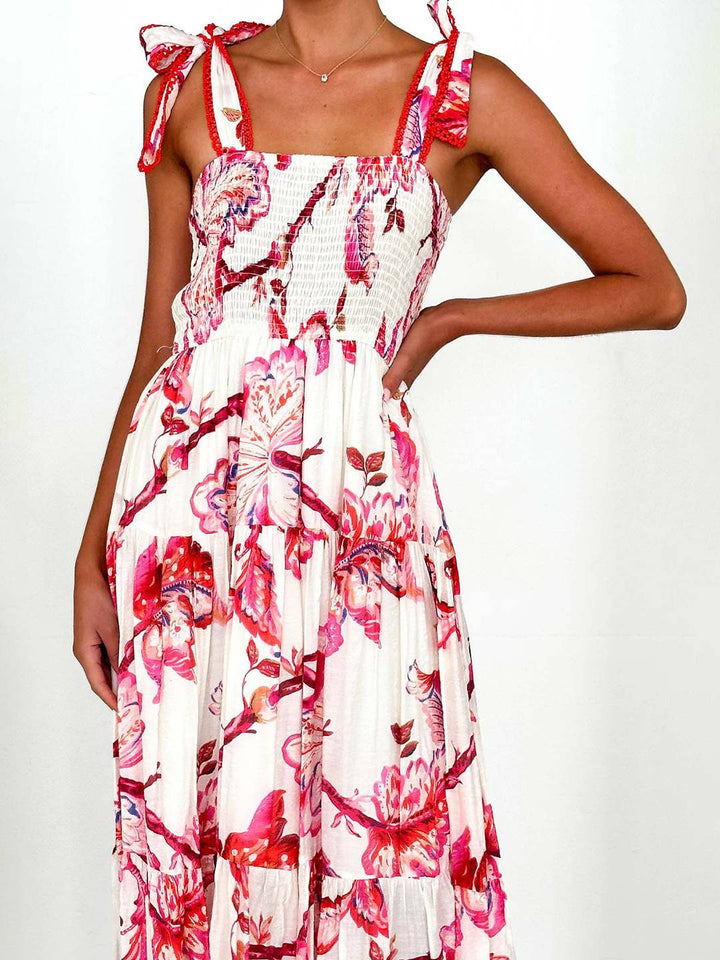 Levoire | Robe Bohémienne Longue Imprimé Floral Fluide Volant Avec Bretelles Fines Décontractée Douce Décontractée Robe De Plage Pour Femmes