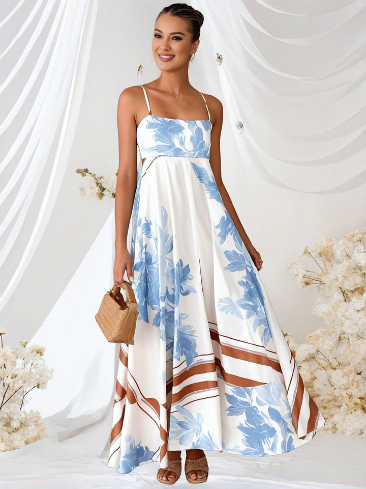 Levoire | Longue Robe De Vacances Imprimé Floral Fluide Avec Dos En Dentelle À Fines Bretelles Décolleté Carré Sans Manches Boho Décontracté Plage Bleu