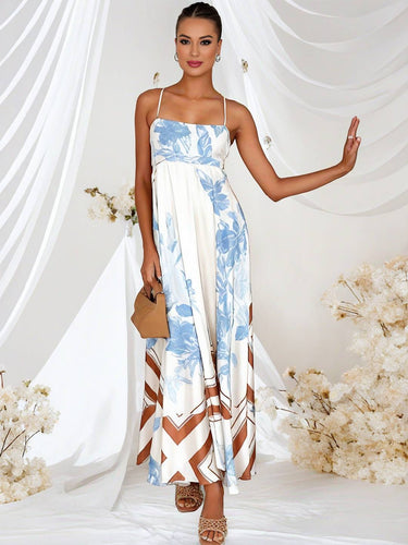Levoire | Longue Robe De Vacances Imprimé Floral Fluide Avec Dos En Dentelle À Fines Bretelles Décolleté Carré Sans Manches Boho Décontracté Plage