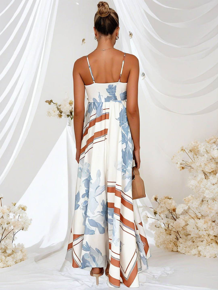 Levoire | Longue Robe De Vacances Imprimé Floral Fluide Avec Dos En Dentelle À Fines Bretelles Décolleté Carré Sans Manches Boho Décontracté Plage