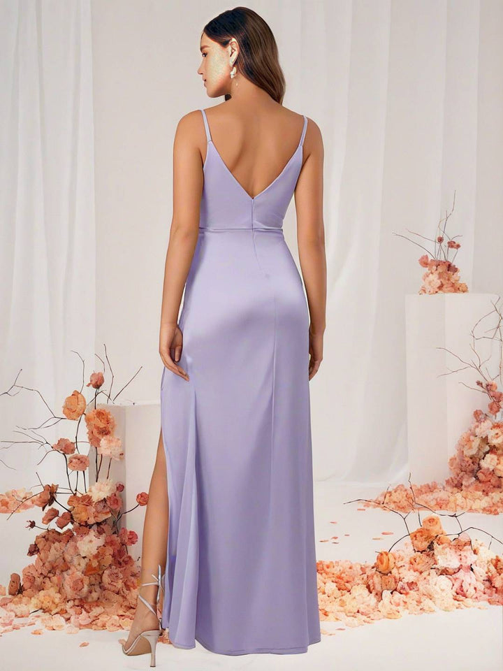 Levoire | Robe De Demoiselle D'Honneur Satin Décolleté En V Dos Fendu Sans Manches Robe De Soirée De Mariage