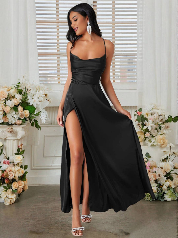 Levoire | Robe En Satin Longue Avec Fente Sur Le Côté, Dos Nu, À Fines Bretelles, Sans Manches, Mode De Soirée Élégante Pour Cérémonie De Mariage