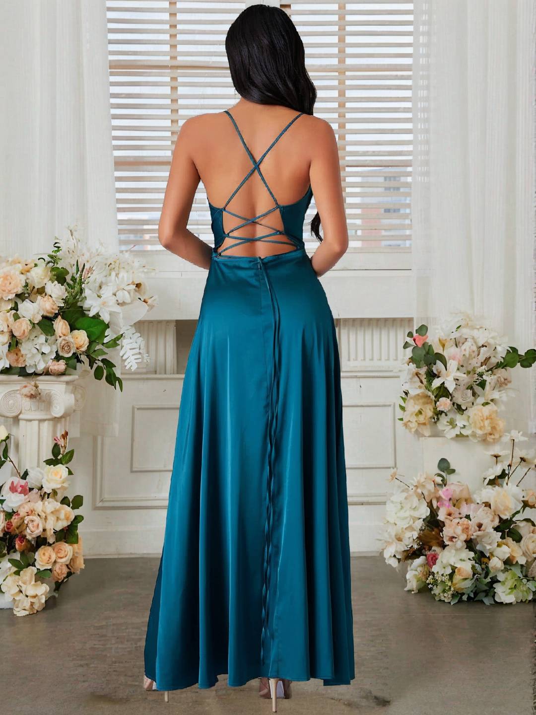 Levoire | Robe En Satin Longue Avec Fente Sur Le Côté, Dos Nu, À Fines Bretelles, Sans Manches, Mode De Soirée Élégante Pour Cérémonie De Mariage