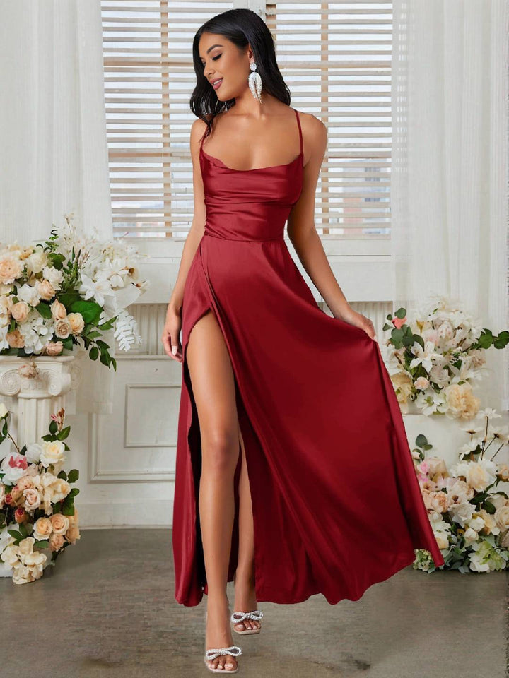 Levoire | Robe En Satin Longue Avec Fente Sur Le Côté, Dos Nu, À Fines Bretelles, Sans Manches, Mode De Soirée Élégante Pour Cérémonie De Mariage Rot