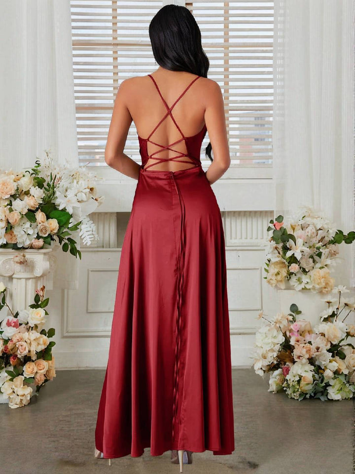 Levoire | Robe En Satin Longue Avec Fente Sur Le Côté, Dos Nu, À Fines Bretelles, Sans Manches, Mode De Soirée Élégante Pour Cérémonie De Mariage