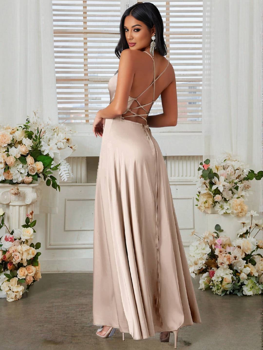 Levoire | Robe En Satin Longue Avec Fente Sur Le Côté, Dos Nu, À Fines Bretelles, Sans Manches, Mode De Soirée Élégante Pour Cérémonie De Mariage