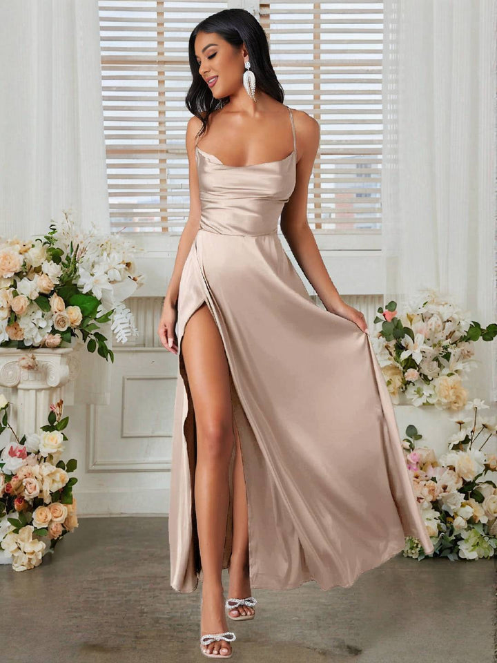Levoire | Robe En Satin Longue Avec Fente Sur Le Côté, Dos Nu, À Fines Bretelles, Sans Manches, Mode De Soirée Élégante Pour Cérémonie De Mariage