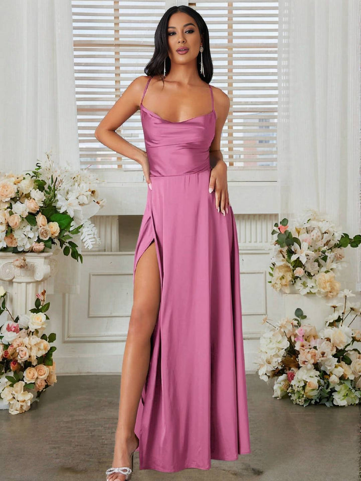 Levoire | Robe En Satin Longue Avec Fente Sur Le Côté, Dos Nu, À Fines Bretelles, Sans Manches, Mode De Soirée Élégante Pour Cérémonie De Mariage Rosa