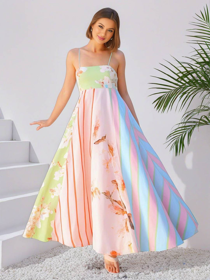 Levoire | Robe De Vacances Longue Rayée À Fleurs Avec Fines Bretelles Sans Manches Pour Dames Élégante Douce Décontractée Multicolore