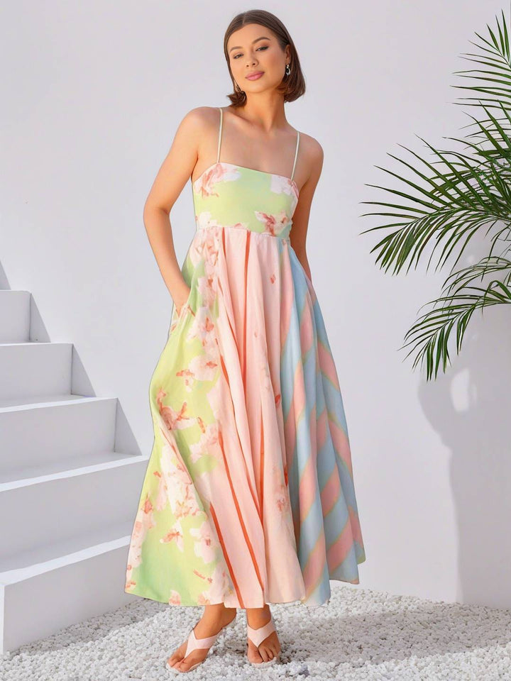 Levoire | Robe De Vacances Longue Rayée À Fleurs Avec Fines Bretelles Sans Manches Pour Dames Élégante Douce Décontractée