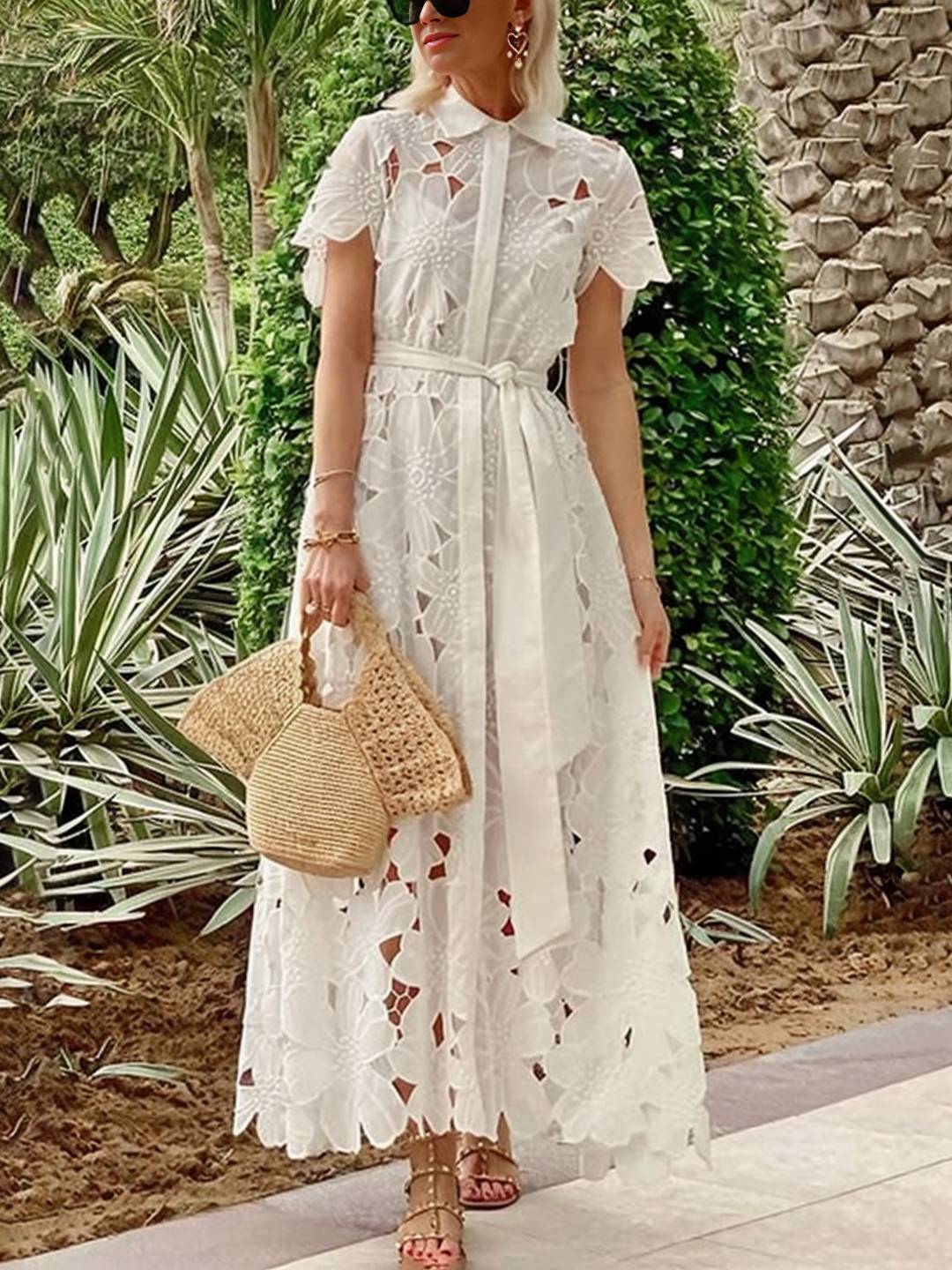 Levoire | Robe Longue En Dentelle À Boutons Ceinturé Col De Chemise À Manches Courtes Pour Femmes Élégant Style Set Détente Blanc