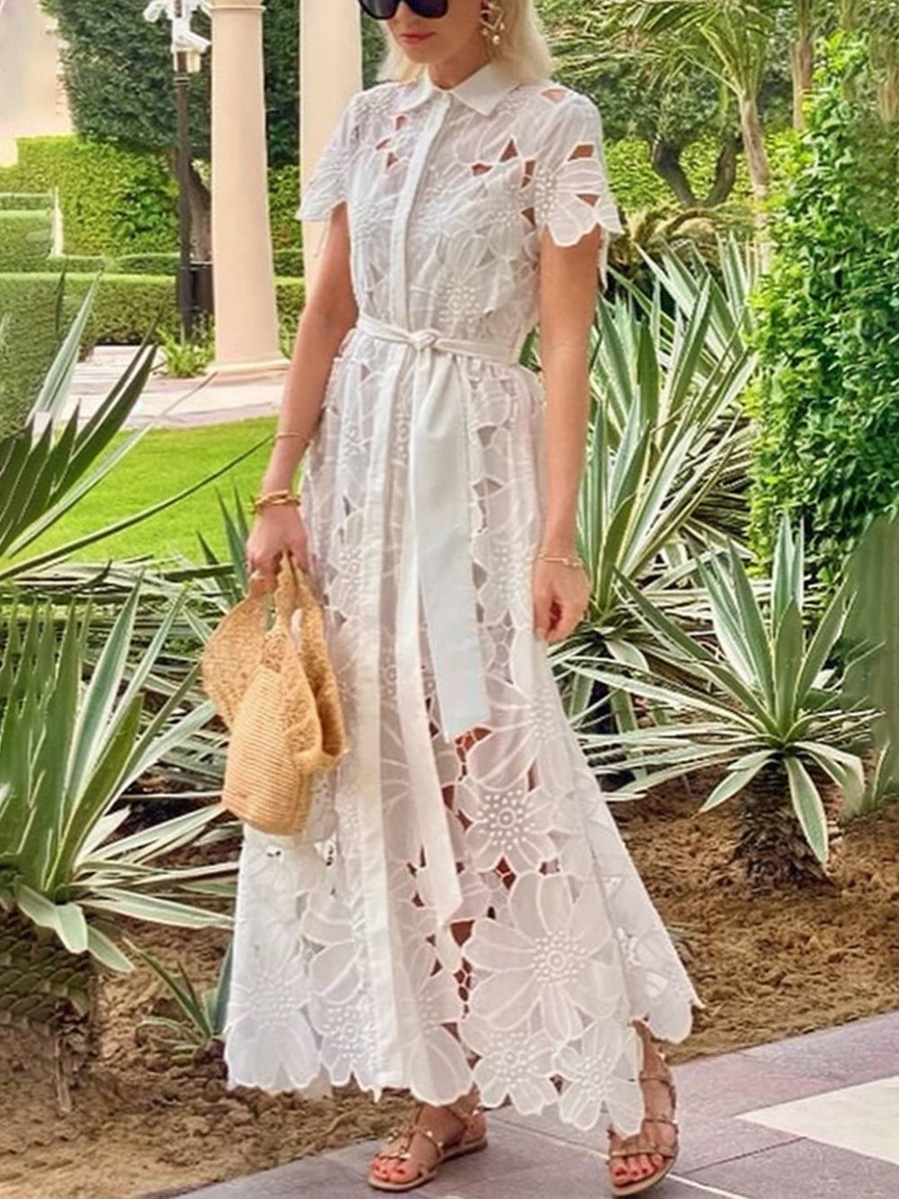 Levoire | Robe Longue En Dentelle À Boutons Ceinturé Col De Chemise À Manches Courtes Pour Femmes Élégant Style Set Détente