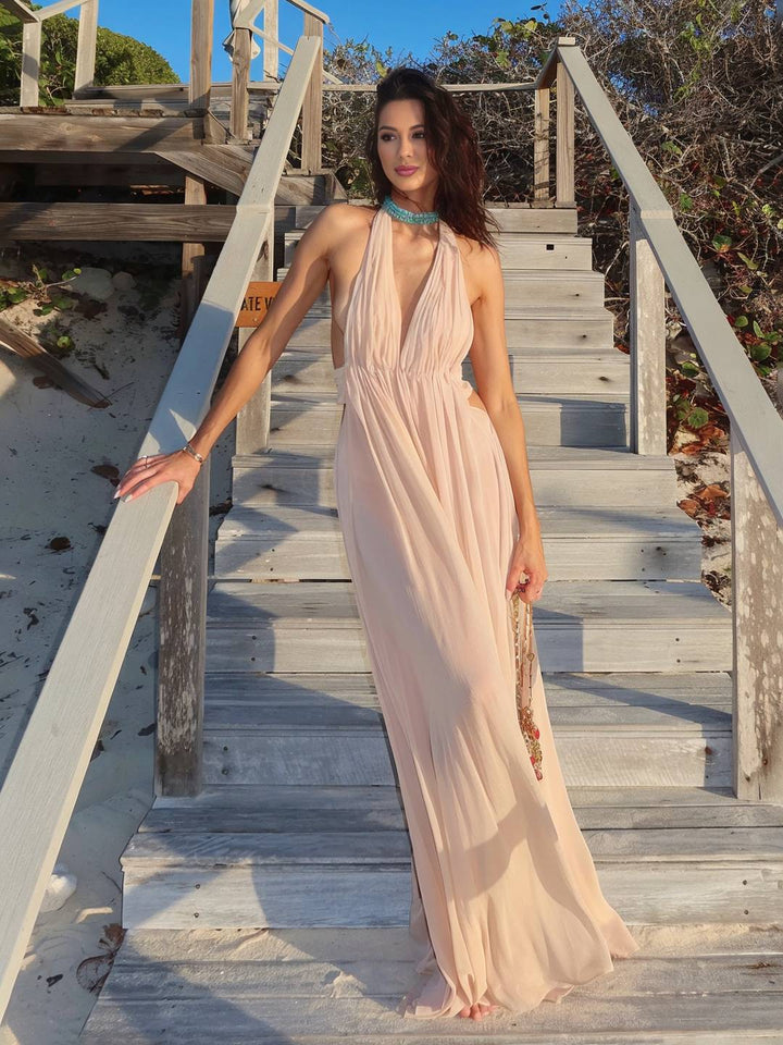Levoire | Robe Longue Décolleté Dos Col Halter Plongeant Sans Manches Robe De Soirée Élégante Pour Mariage Robe De Plage Abricot