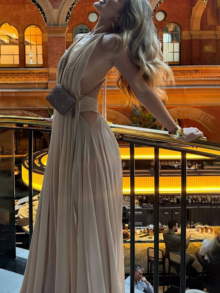 Levoire | Robe Longue Décolleté Dos Col Halter Plongeant Sans Manches Robe De Soirée Élégante Pour Mariage Robe De Plage