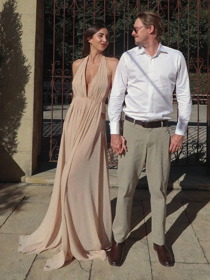 Levoire | Robe Longue Décolleté Dos Col Halter Plongeant Sans Manches Robe De Soirée Élégante Pour Mariage Robe De Plage