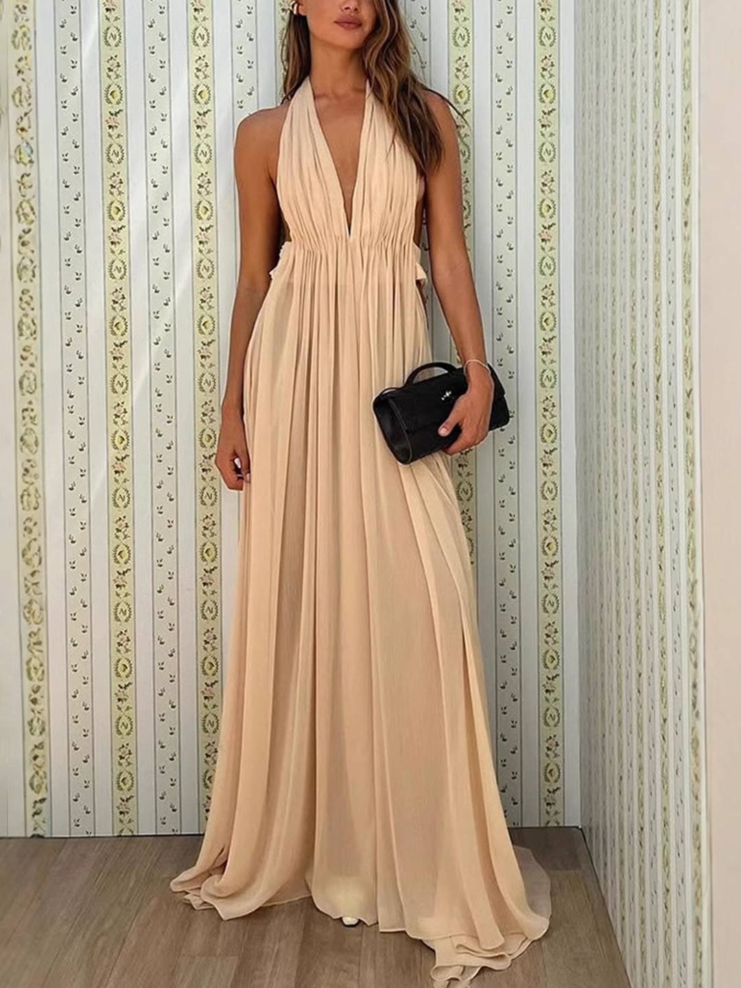 Levoire | Robe Longue Décolleté Dos Col Halter Plongeant Sans Manches Robe De Soirée Élégante Pour Mariage Robe De Plage